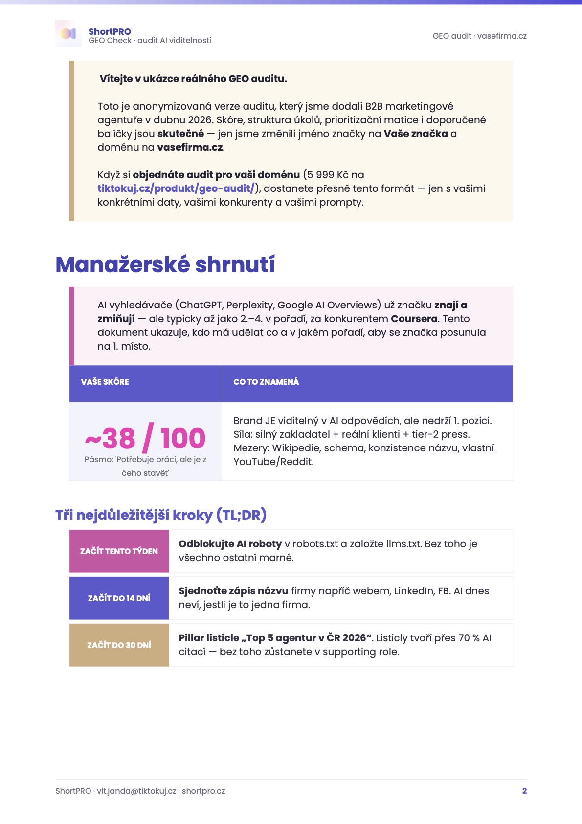 Ukázka GEO auditu — první strana výstupu